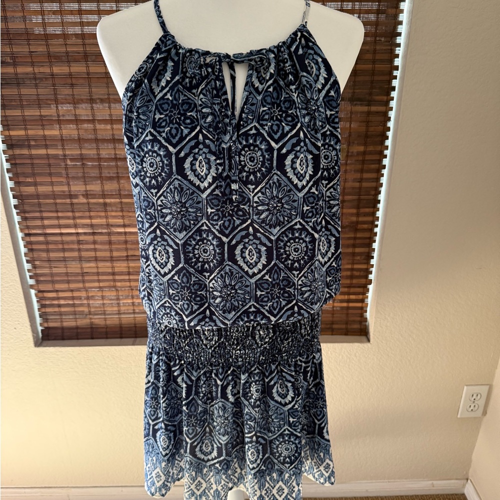 Navy and White Patterned Halter Dress